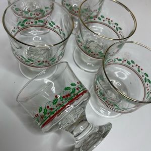 6 Lot Arby's Libbey Dessert Dishes Glasses Holly Berry Gold Rim Christmas